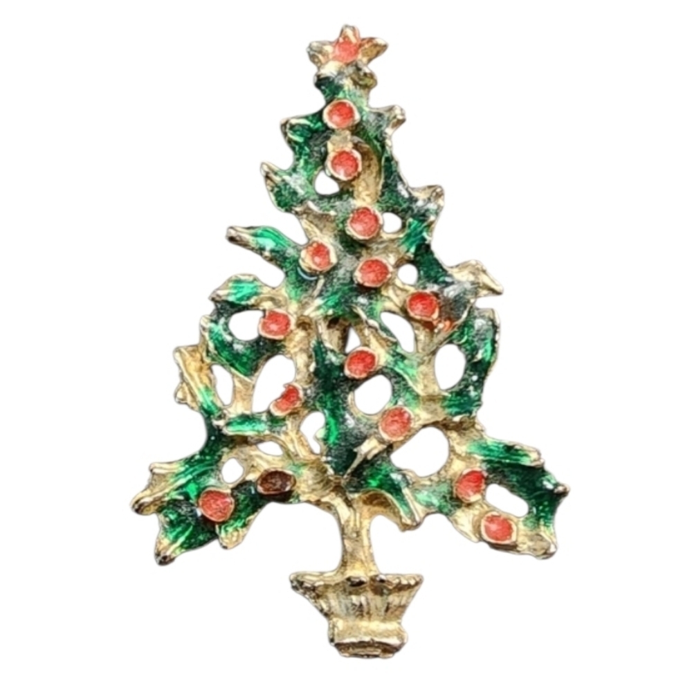 Vintage Holiday Tree Pin with Red and Green Accents